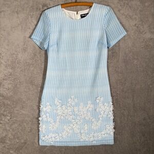 Karl Lagerfeld Paris Blue White Striped 3D Floral Applique Shift Dress Size 4